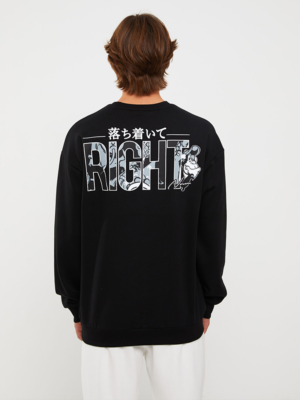 Siyah Bisiklet Yaka Uzun Kollu Nostaljik Maymun Baskılı Erkek Kalın Sweatshirt-10