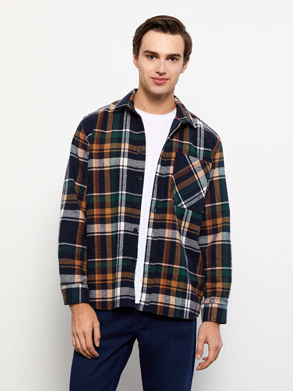 Turuncu Rahat Kalıp Uzun Kollu Ekose Erkek Oduncu Gömlek Ceket-1