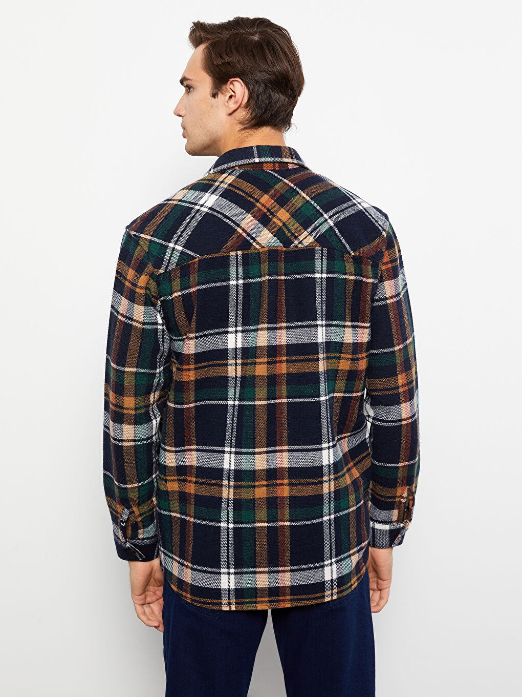 Turuncu Rahat Kalıp Uzun Kollu Ekose Erkek Oduncu Gömlek Ceket-4