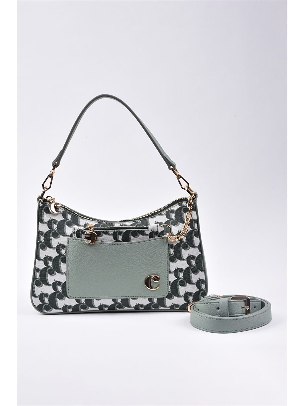 Yeşil Desenli Cüzdan Detaylı Kadın Omuz Çantası