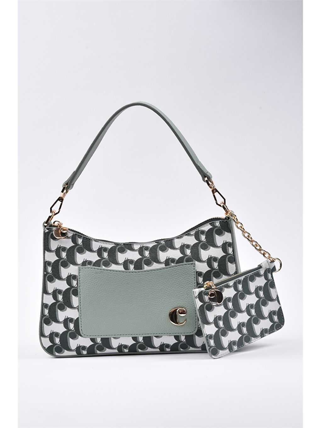 Yeşil Desenli Cüzdan Detaylı Kadın Omuz Çantası-1