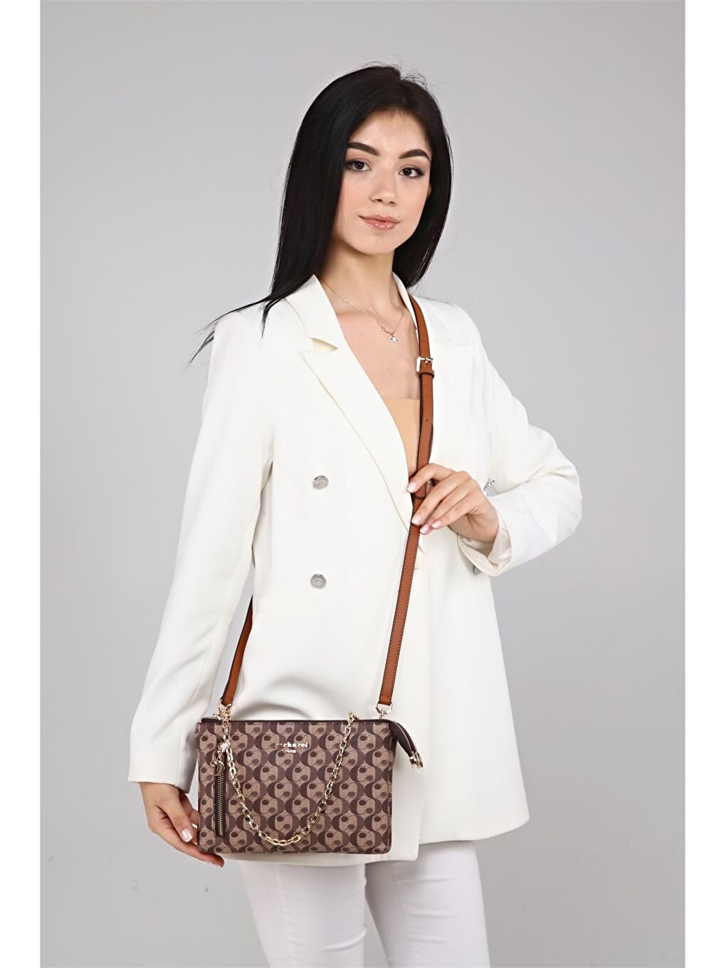 Kahverengi Baskılı Zincir Askılı Kadın Kol Çantası-1