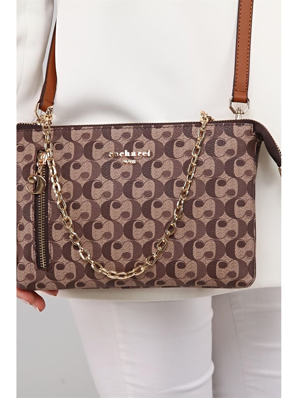 Kahverengi Baskılı Zincir Askılı Kadın Kol Çantası-2