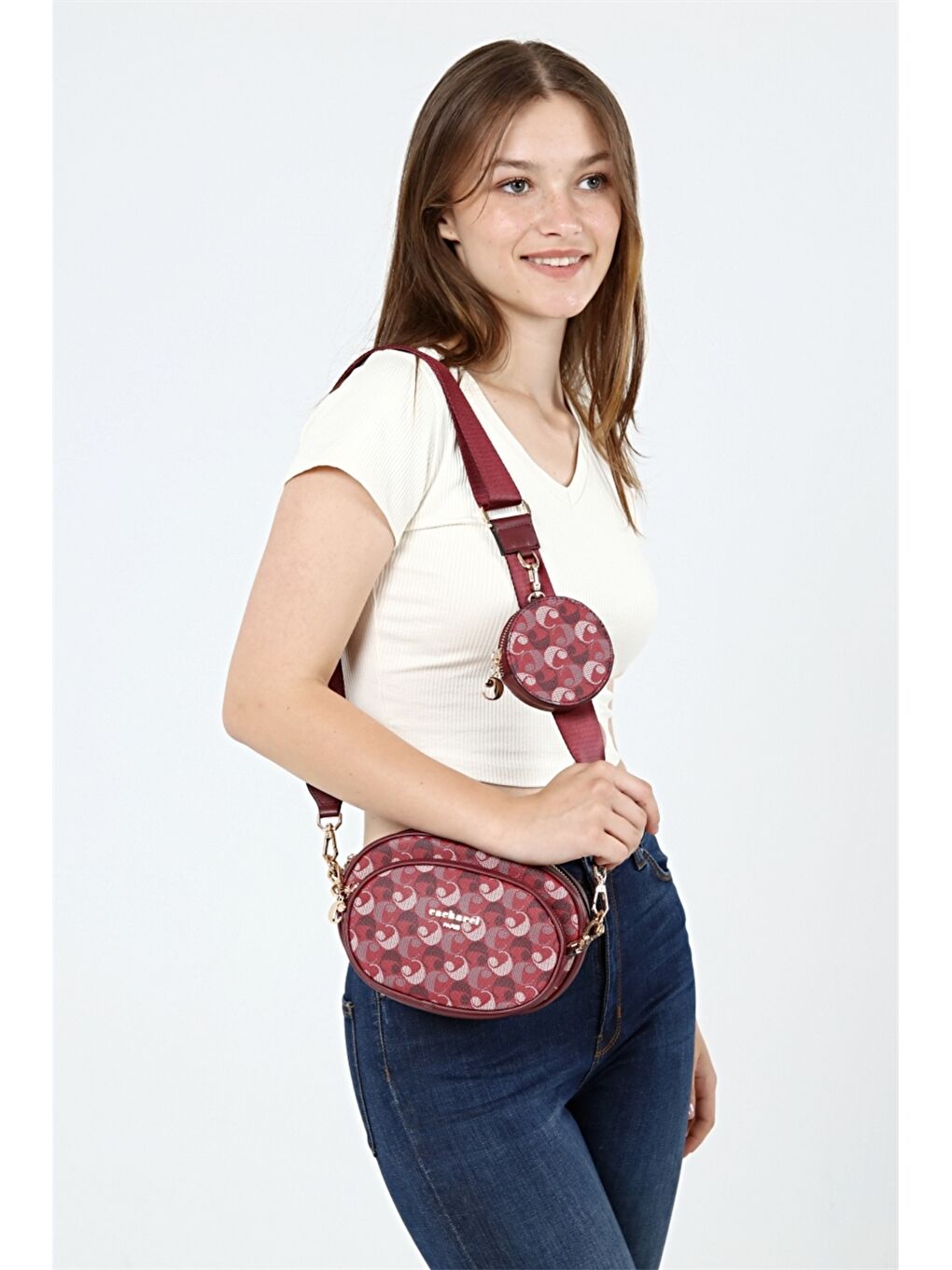 Bordo Desenli Mini Cüzdan Detaylı Kadın Çapraz Çanta