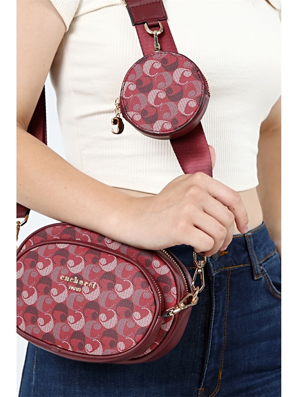 Bordo Desenli Mini Cüzdan Detaylı Kadın Çapraz Çanta-1