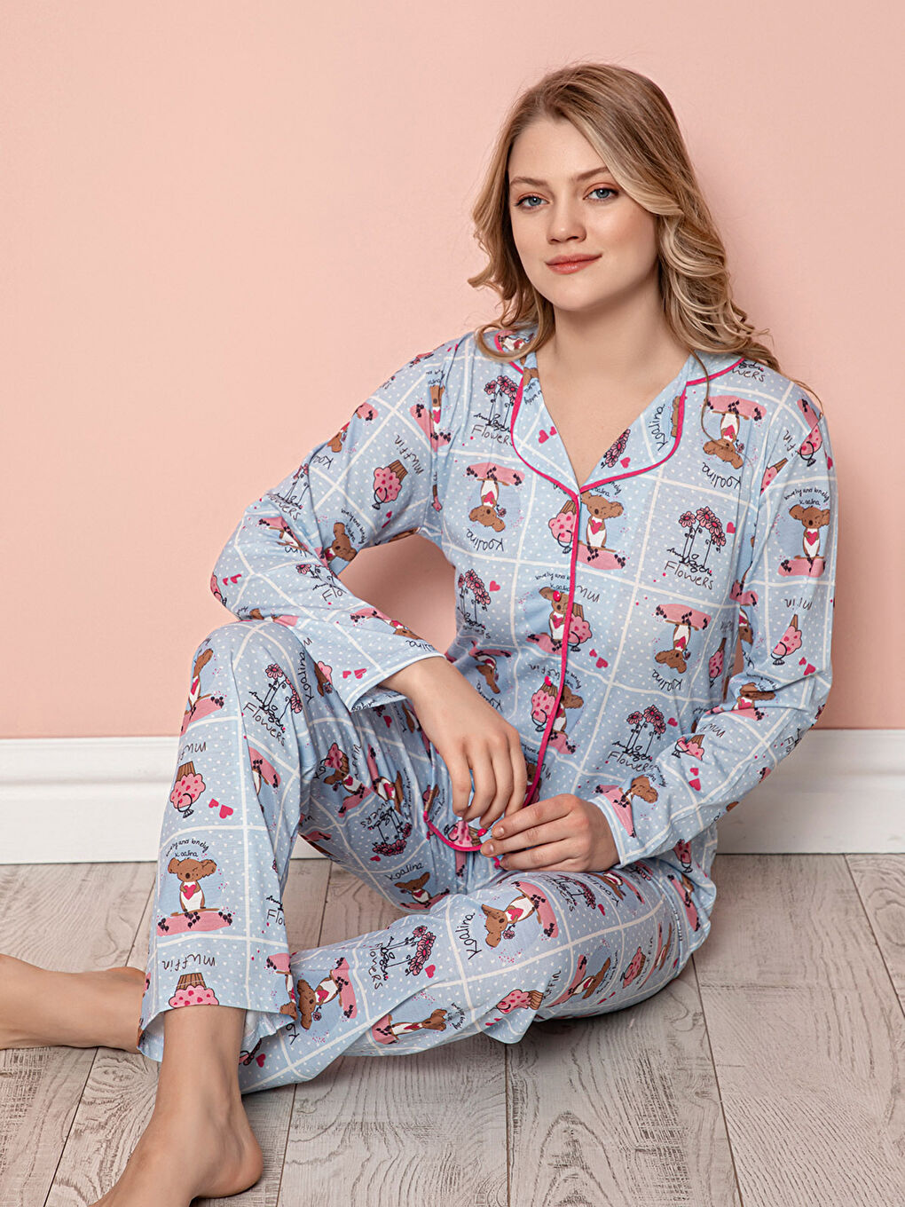 Mavi Gömlek Yaka Desenli Uzun Kollu Pamuklu Kadın Pijama Takımı-1