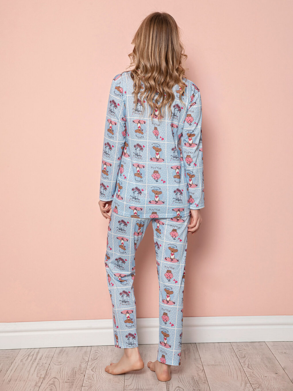 Mavi Gömlek Yaka Desenli Uzun Kollu Pamuklu Kadın Pijama Takımı-2