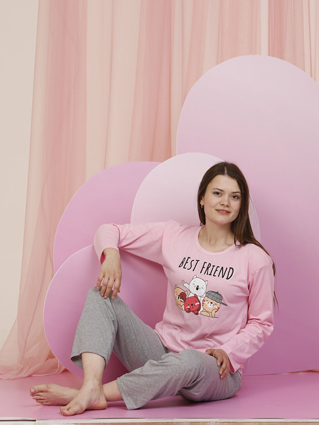 طقم بيجامة كم طويل ياقة دائرية مطبوع قطن للسيدات-1