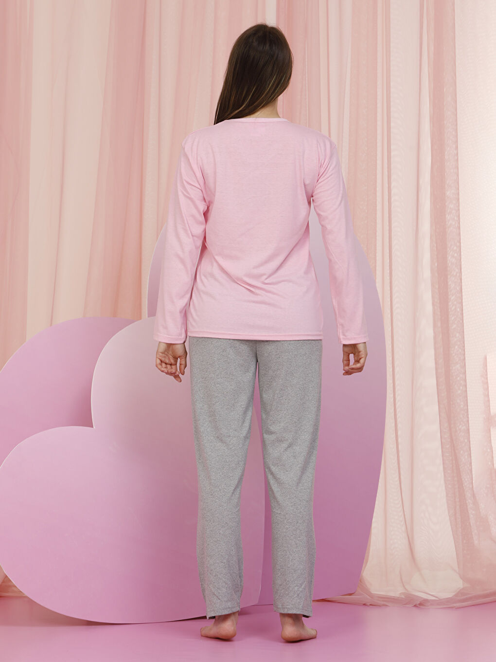 طقم بيجامة كم طويل ياقة دائرية مطبوع قطن للسيدات-2