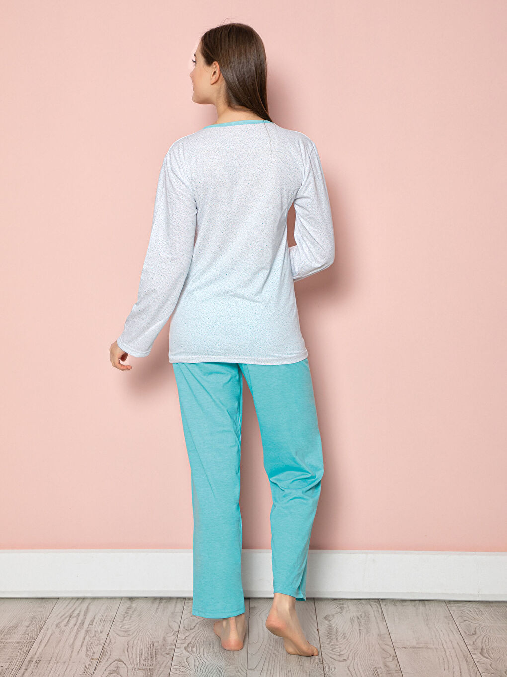 طقم بيجامة كم طويل ياقة دائرية مطبوع قطن للسيدات-2