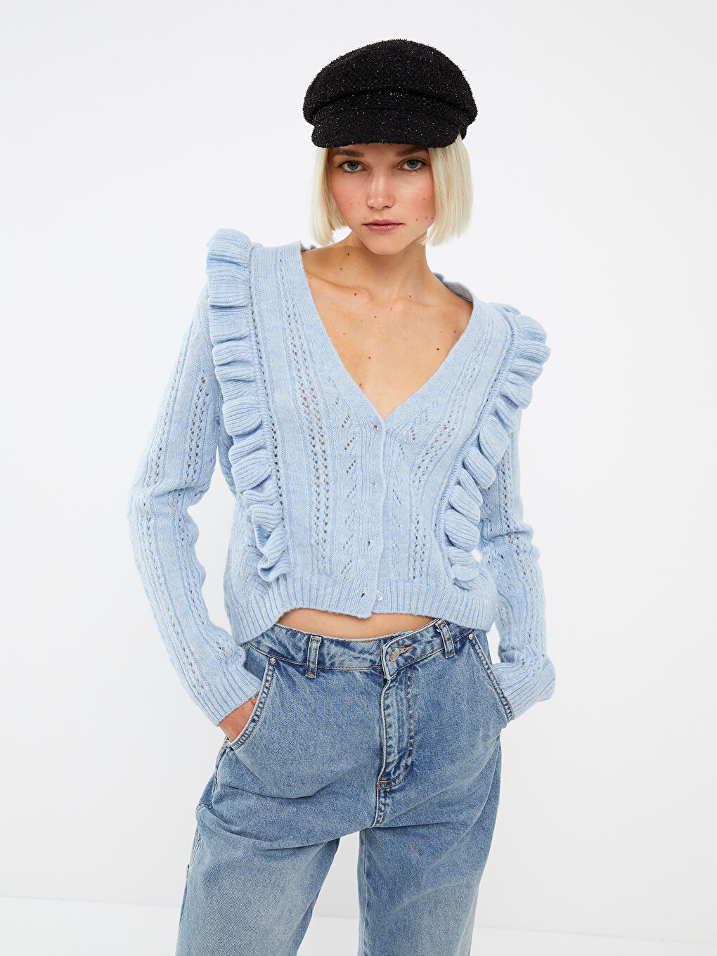 Mavi V Yaka Kendinden Desenli Uzun Kollu Kadın Triko Hırka-1