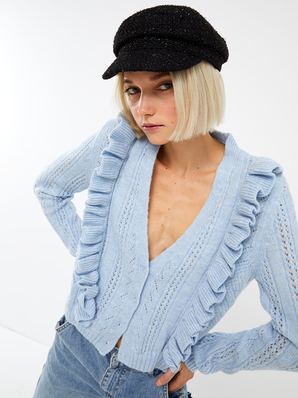 Mavi V Yaka Kendinden Desenli Uzun Kollu Kadın Triko Hırka-2