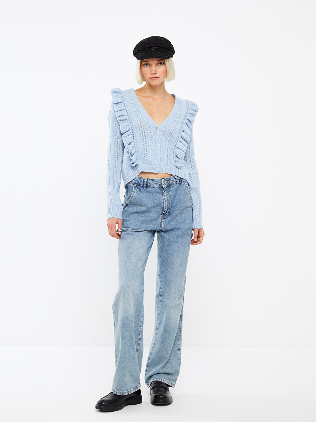 Mavi V Yaka Kendinden Desenli Uzun Kollu Kadın Triko Hırka