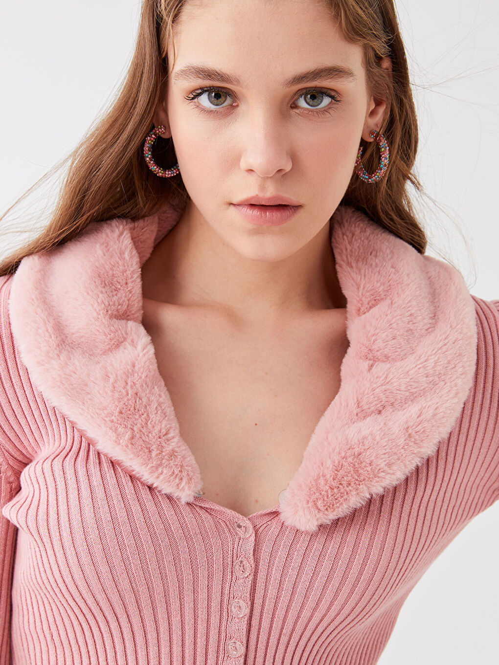 Pembe Ceket Yaka Kadın Triko Hırka-2