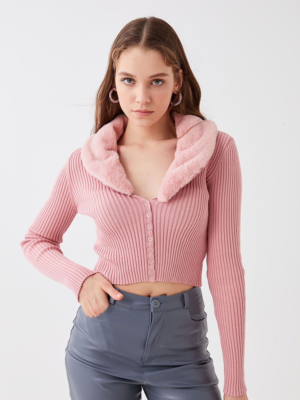 Pembe Ceket Yaka Kadın Triko Hırka