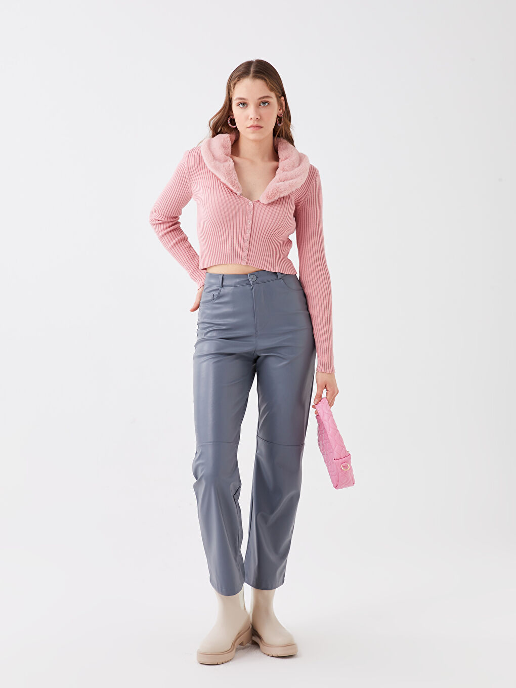 Pembe Ceket Yaka Kadın Triko Hırka-1