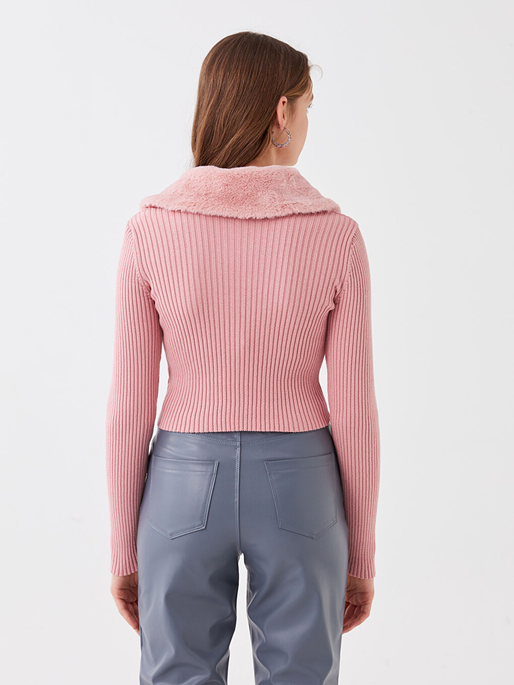 Pembe Ceket Yaka Kadın Triko Hırka-4