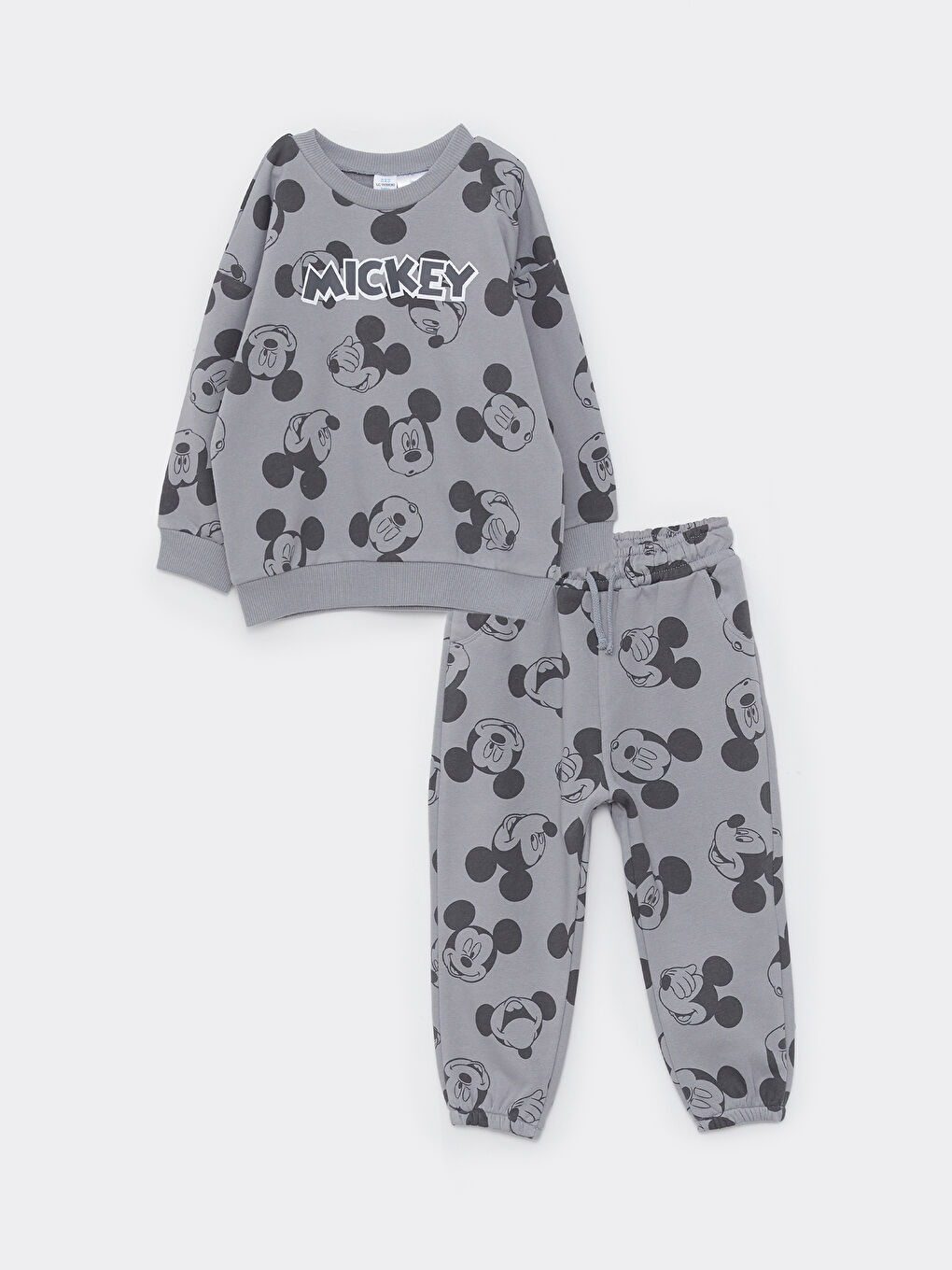 Gri Bisiklet Yaka Uzun Kollu Mickey Mouse Baskılı Erkek Bebek Sweatshirt ve Eşofman Alt 2'li Takım