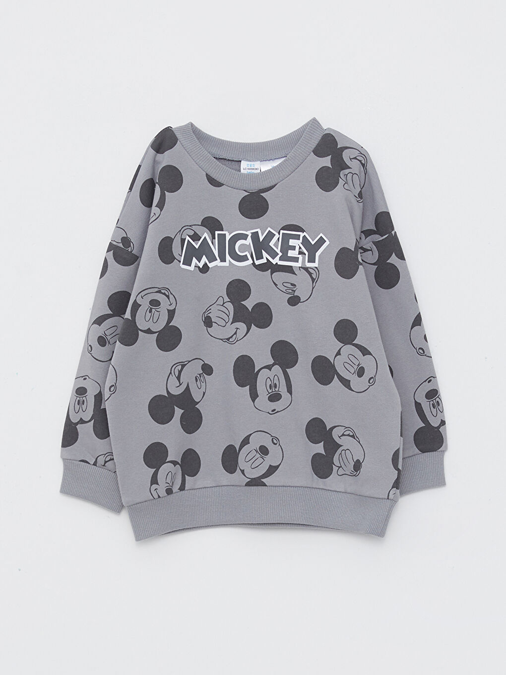 Gri Bisiklet Yaka Uzun Kollu Mickey Mouse Baskılı Erkek Bebek Sweatshirt ve Eşofman Alt 2'li Takım-1