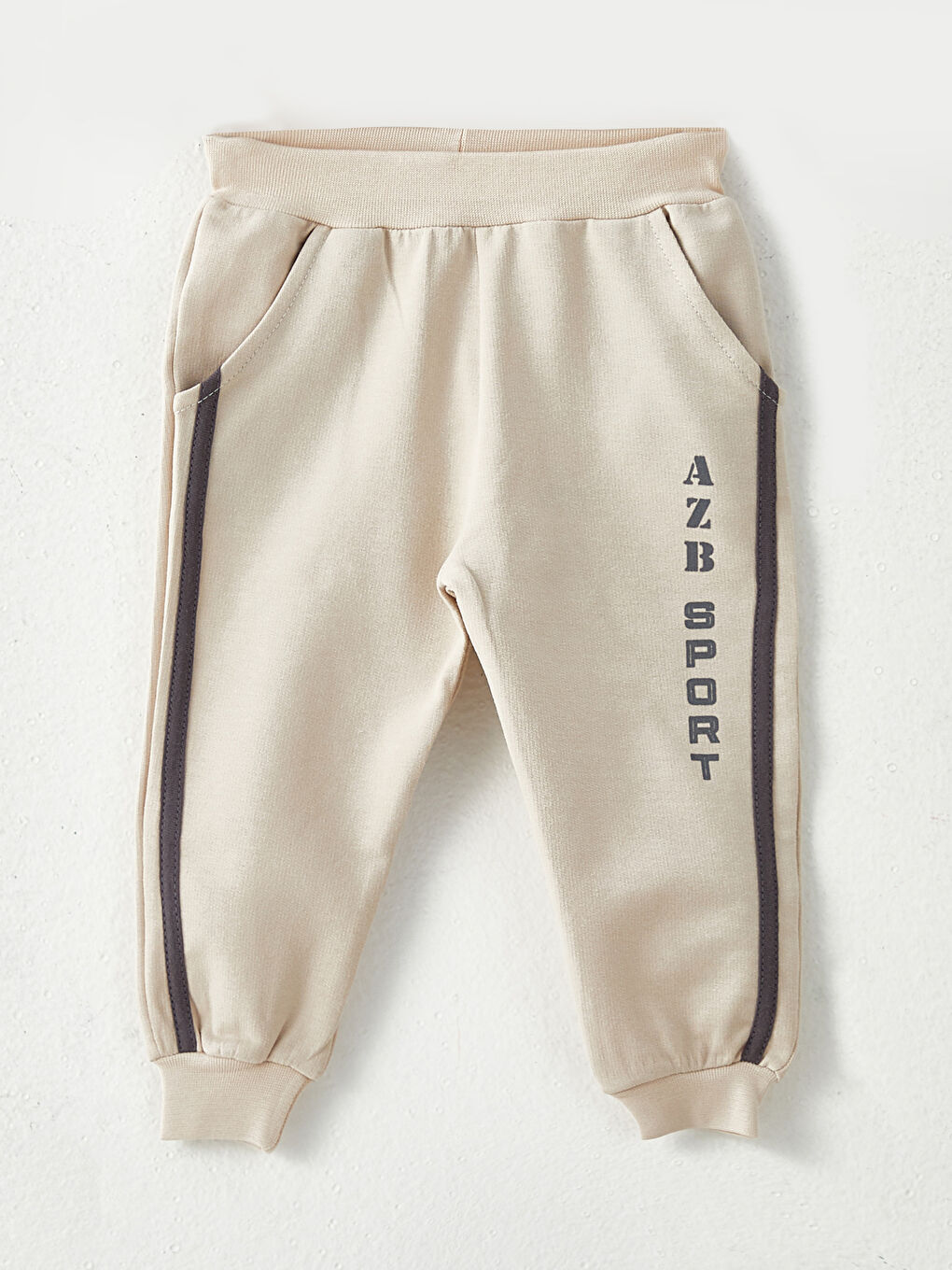 Bej Beli Lastikli Baskılı Erkek Bebek Jogger Eşofman Alt