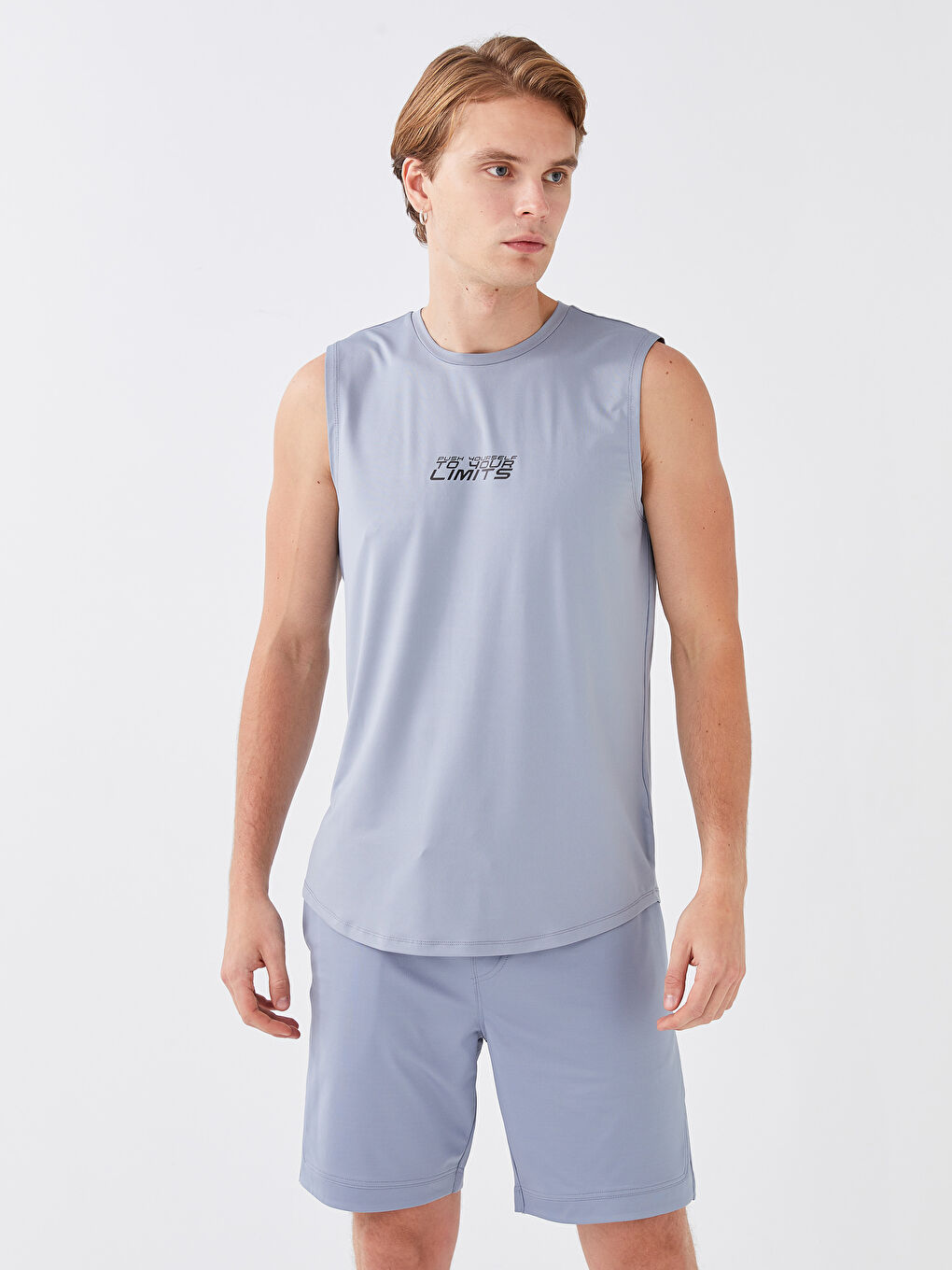 Gri Bisiklet Yaka Baskılı Erkek Kolsuz Tişört