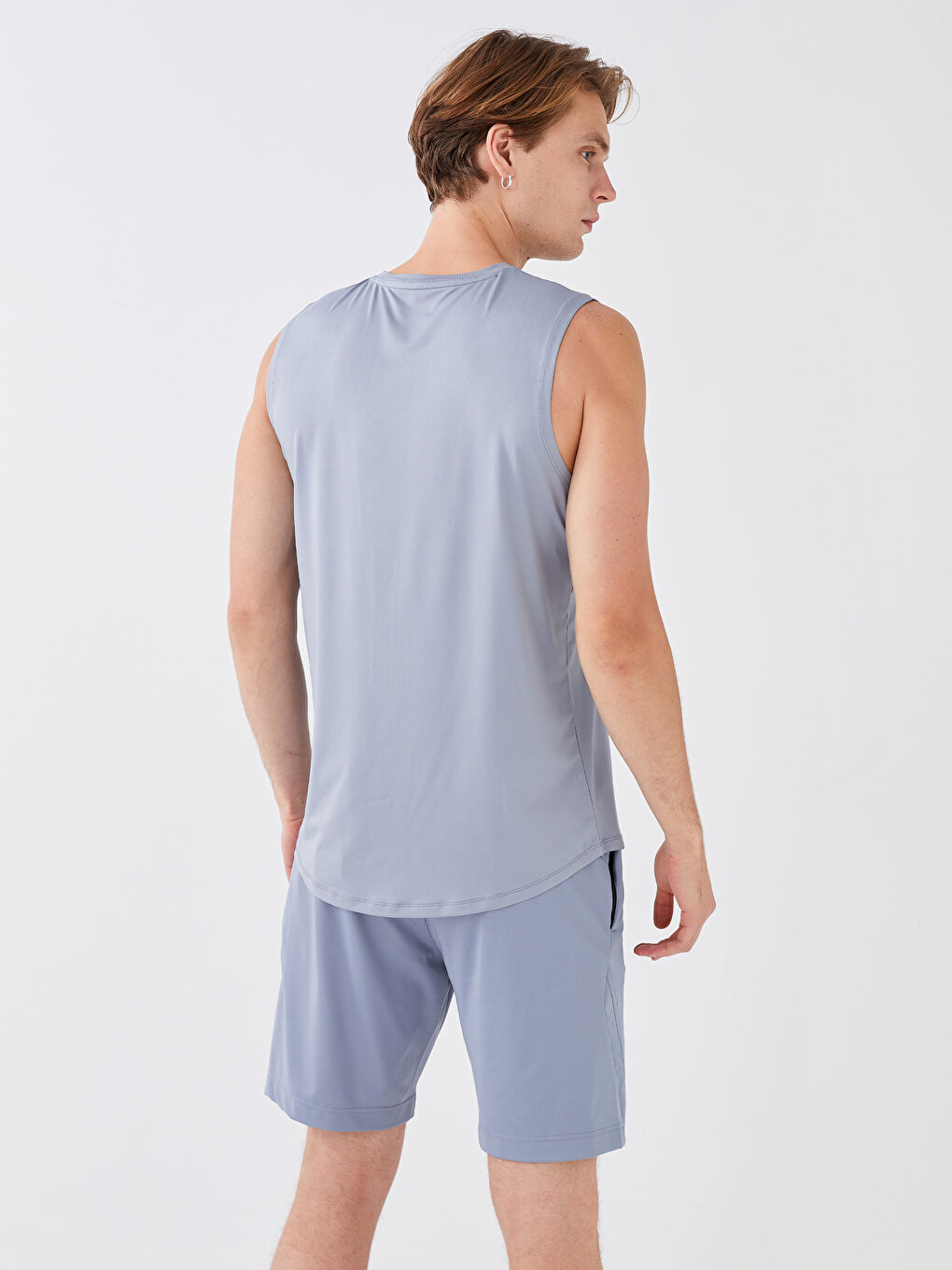 Gri Bisiklet Yaka Baskılı Erkek Kolsuz Tişört-4