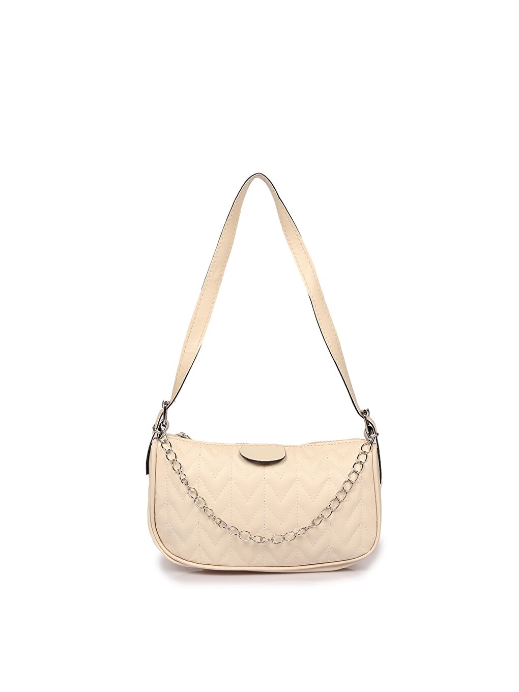 Bej Deri Görünümlü Zincir Detaylı Kadın Baget Çanta-1