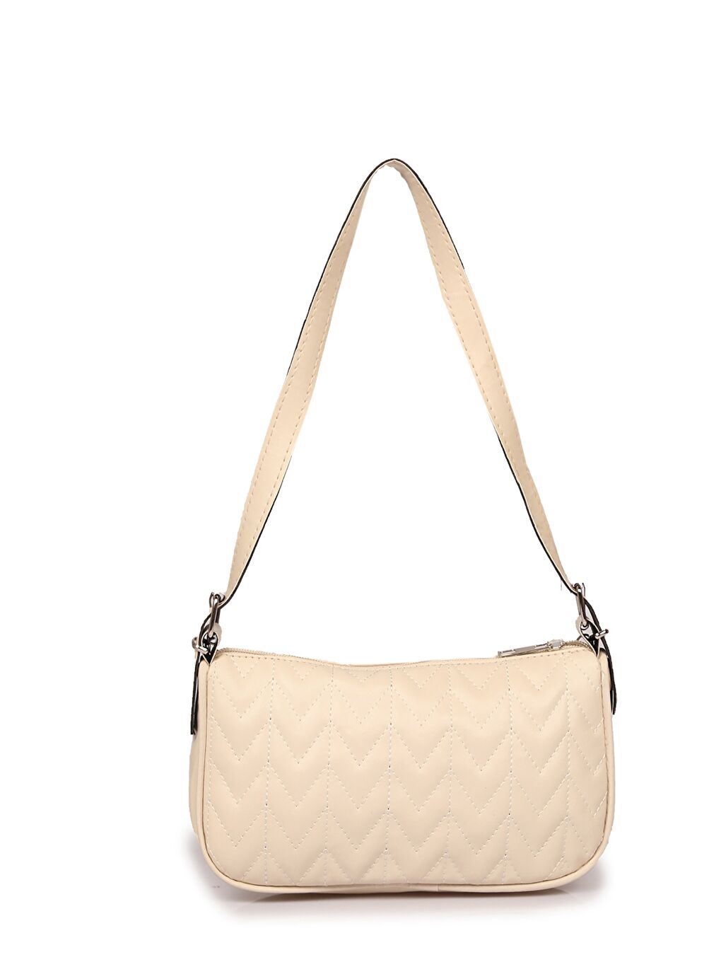 Bej Deri Görünümlü Zincir Detaylı Kadın Baget Çanta-3