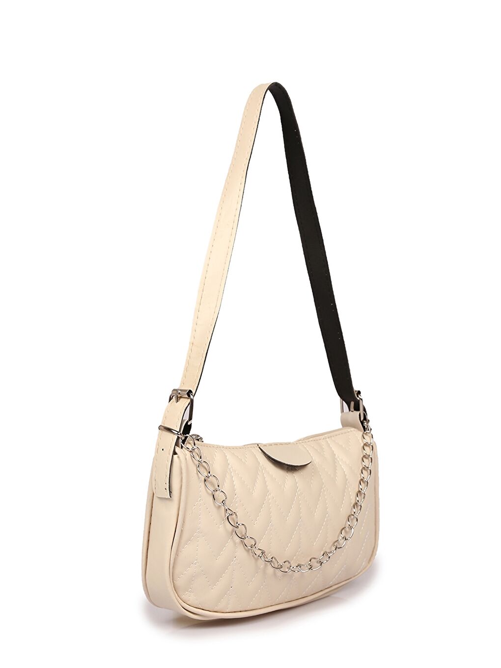 Bej Deri Görünümlü Zincir Detaylı Kadın Baget Çanta-2