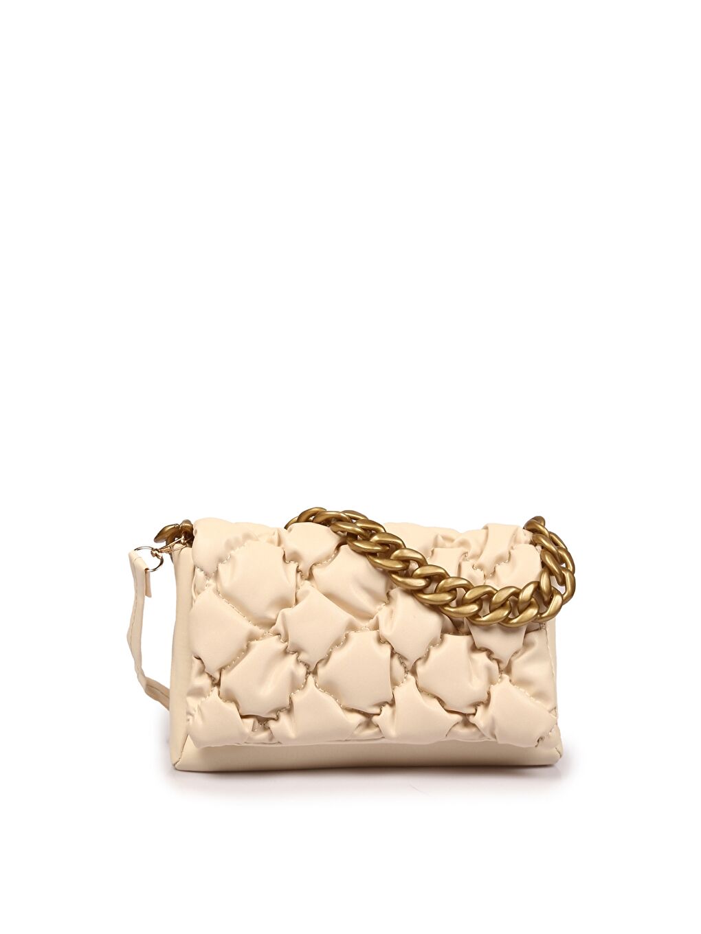 Bej Deri Görünümlü Kapitoneli Zincir Detaylı Kadın Omuz Çantası-1