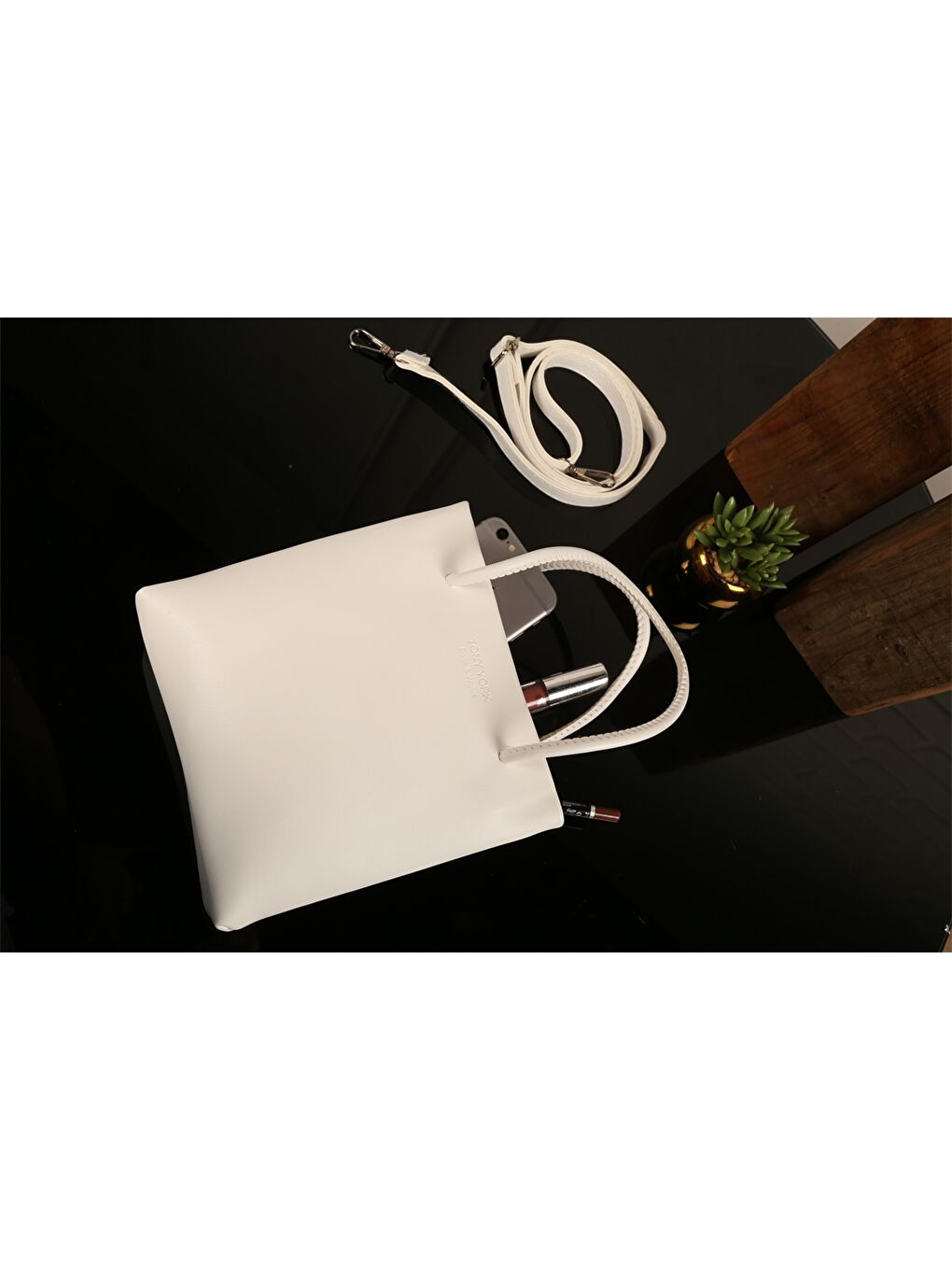 Beyaz Deri Görünümlü Kadın Çapraz Çanta-3