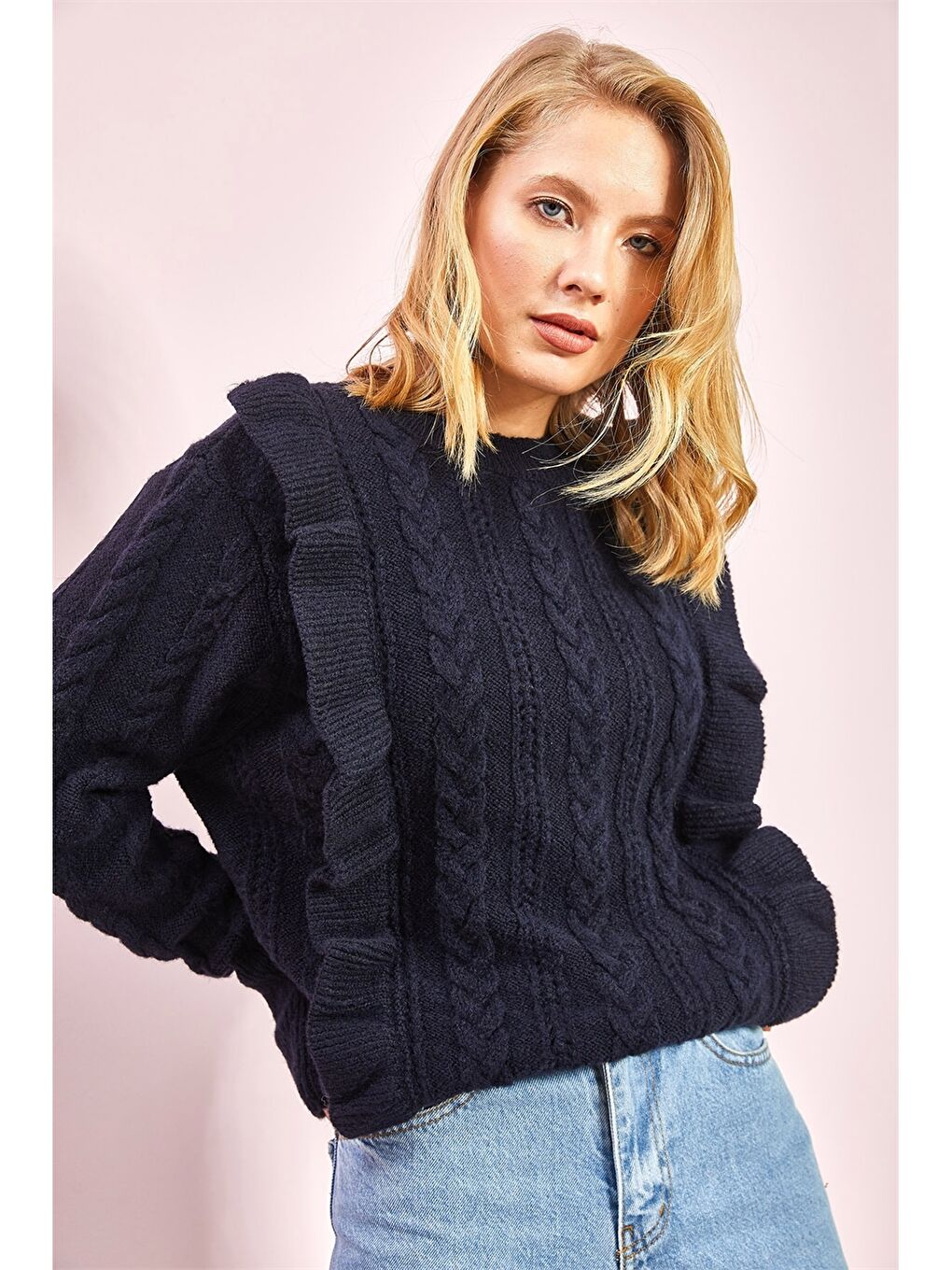 Lacivert Bisiklet Yaka Kendinden Desenli Uzun Kollu Triko Kadın Kazak-1