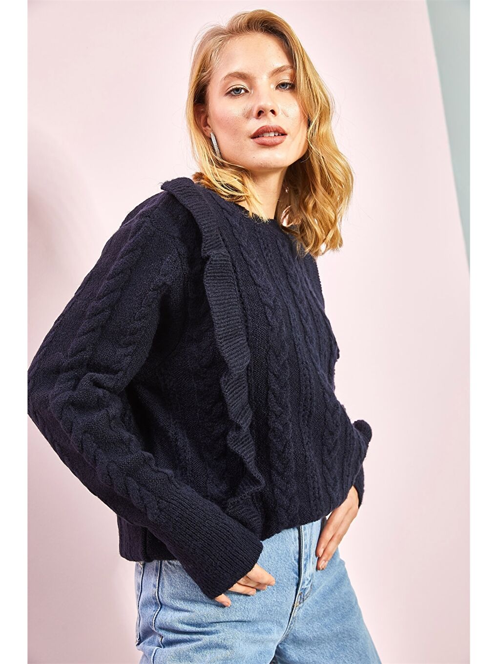 Lacivert Bisiklet Yaka Kendinden Desenli Uzun Kollu Triko Kadın Kazak-2