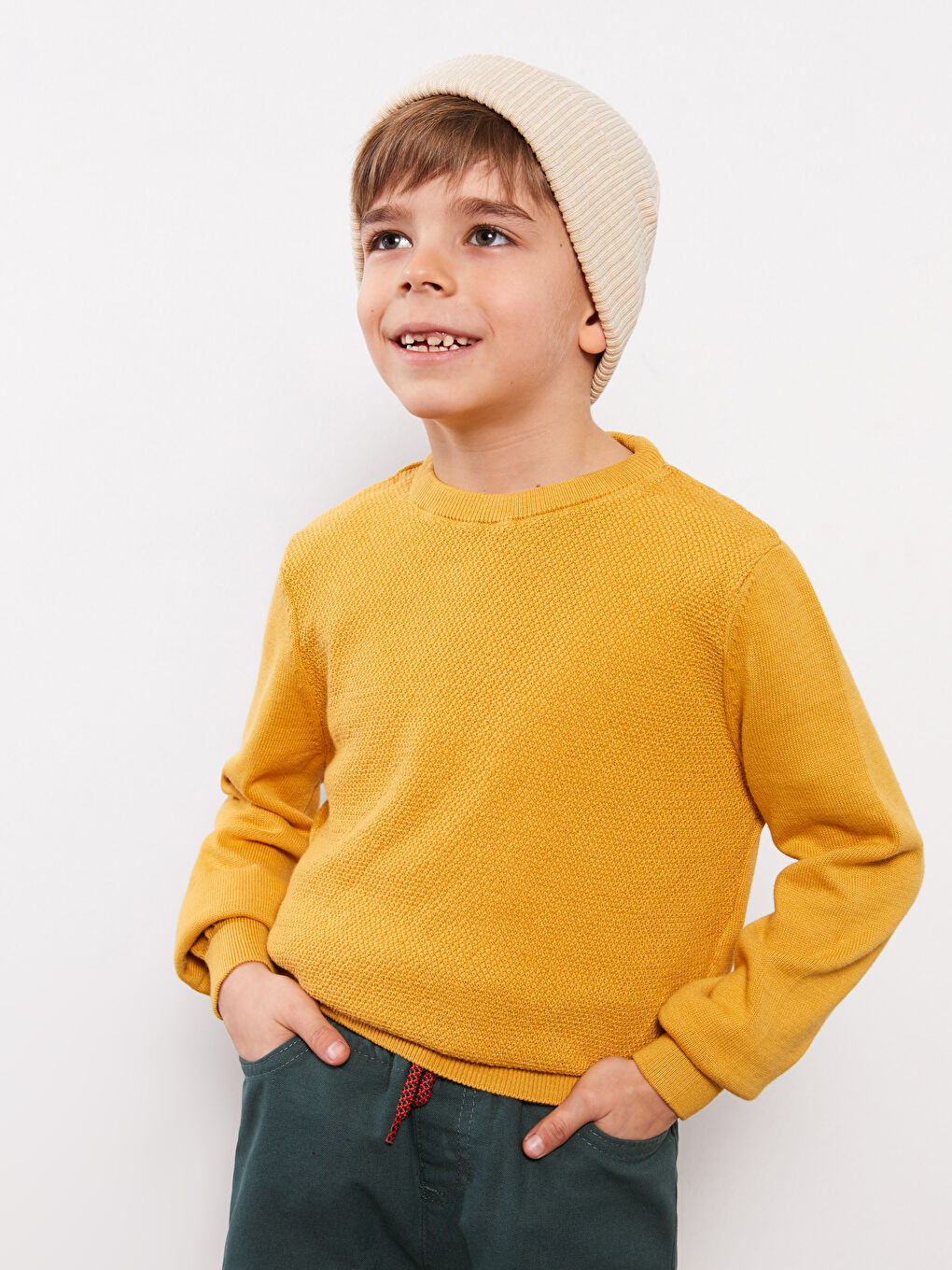 Sarı Bisiklet Yaka Kendinden Desenli Uzun Kollu Erkek Çocuk Kazak