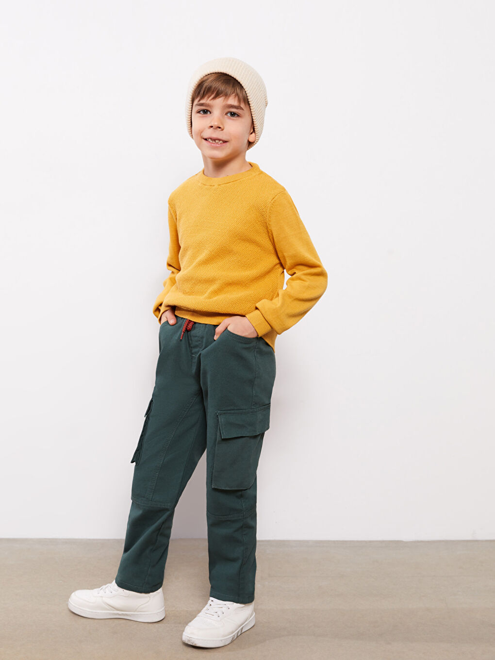 Sarı Bisiklet Yaka Kendinden Desenli Uzun Kollu Erkek Çocuk Kazak-1