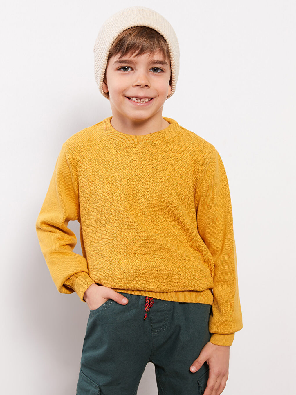 Sarı Bisiklet Yaka Kendinden Desenli Uzun Kollu Erkek Çocuk Kazak-2