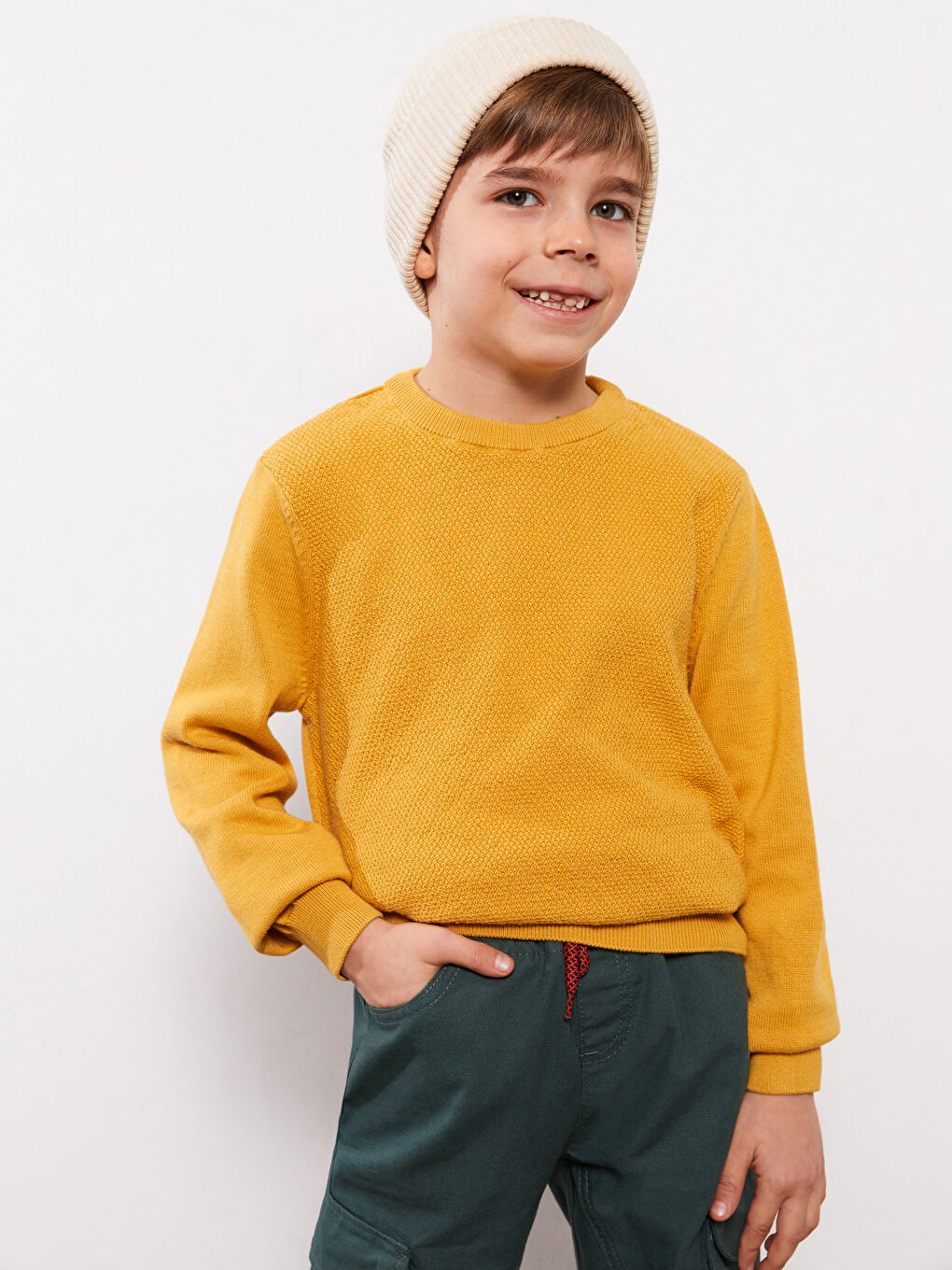 Sarı Bisiklet Yaka Kendinden Desenli Uzun Kollu Erkek Çocuk Kazak-3