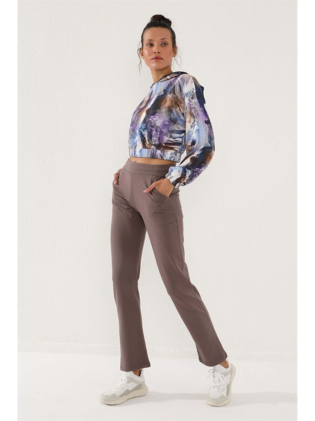 Kahverengi Kadın Beli Lastikli Düz Eşofman Altı