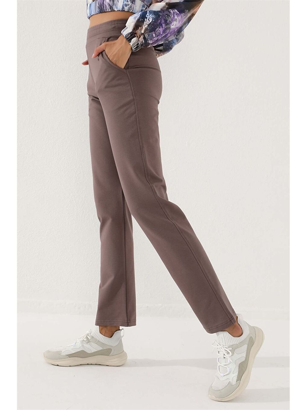 Kahverengi Kadın Beli Lastikli Düz Eşofman Altı-3