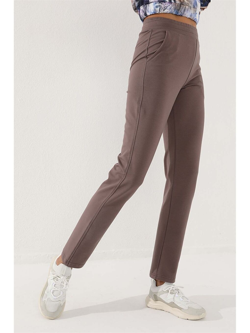 Kahverengi Kadın Beli Lastikli Düz Eşofman Altı-5