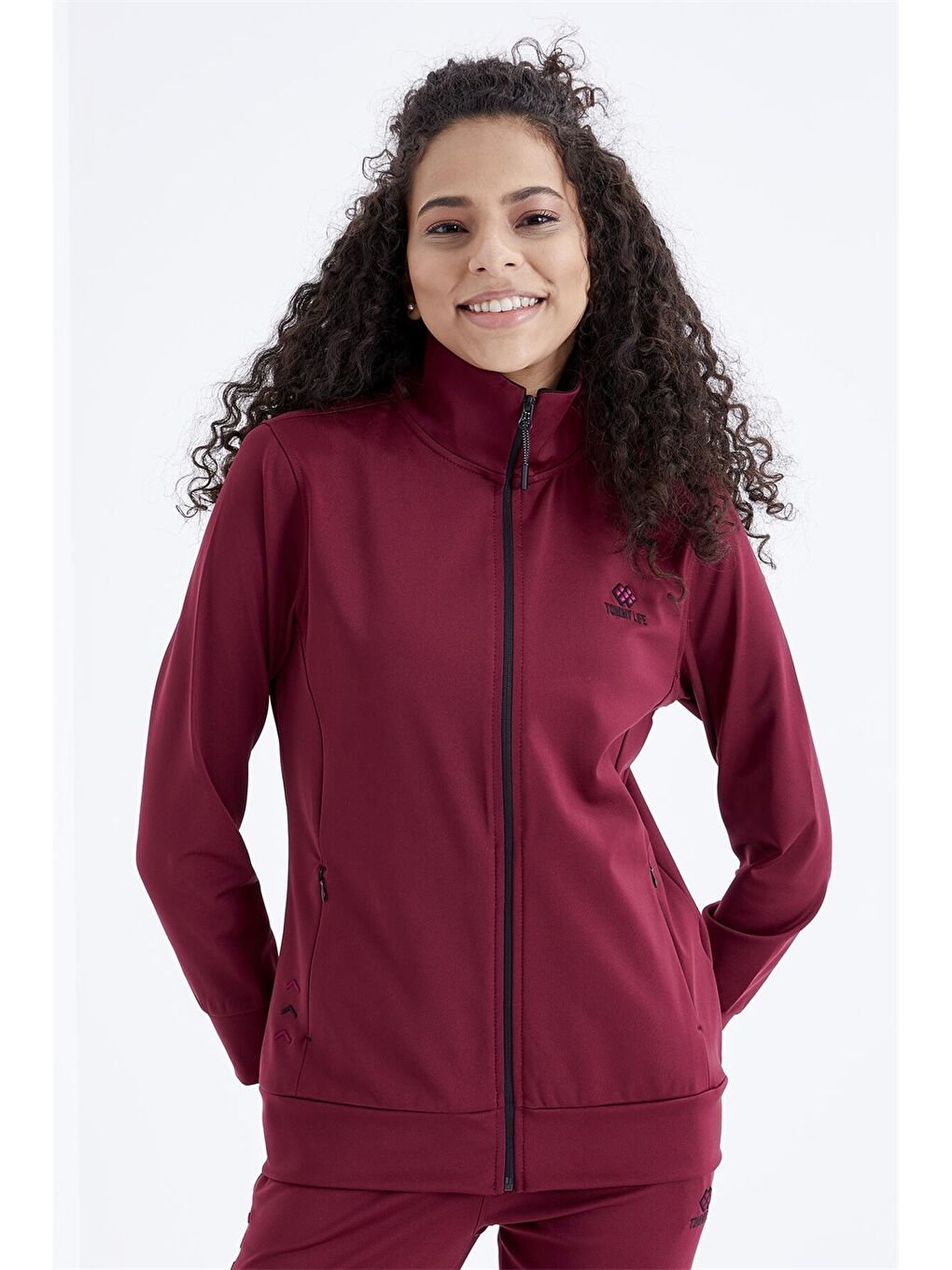 Bordo Dik Yaka Baskılı Uzun Kollu Kadın Spor Hırka ve Eşofman Altı Takımı-1