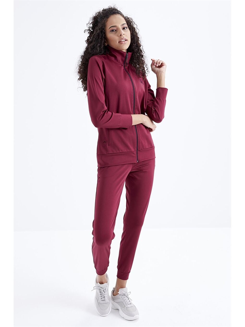 Bordo Dik Yaka Baskılı Uzun Kollu Kadın Spor Hırka ve Eşofman Altı Takımı-5