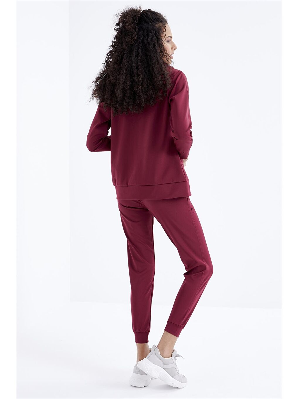 Bordo Dik Yaka Baskılı Uzun Kollu Kadın Spor Hırka ve Eşofman Altı Takımı-6