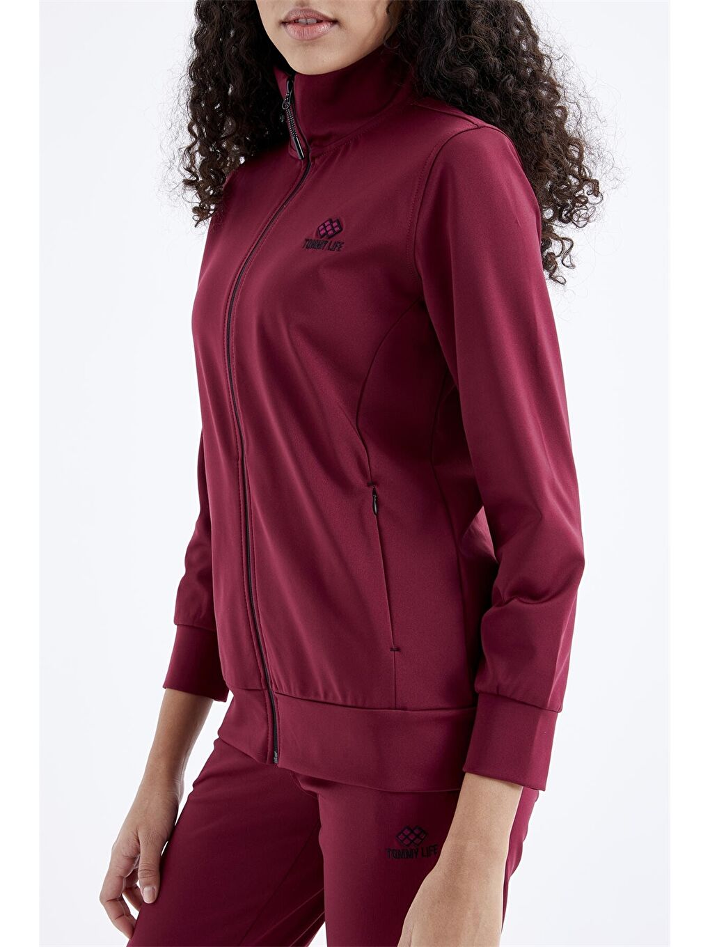 Bordo Dik Yaka Baskılı Uzun Kollu Kadın Spor Hırka ve Eşofman Altı Takımı-7