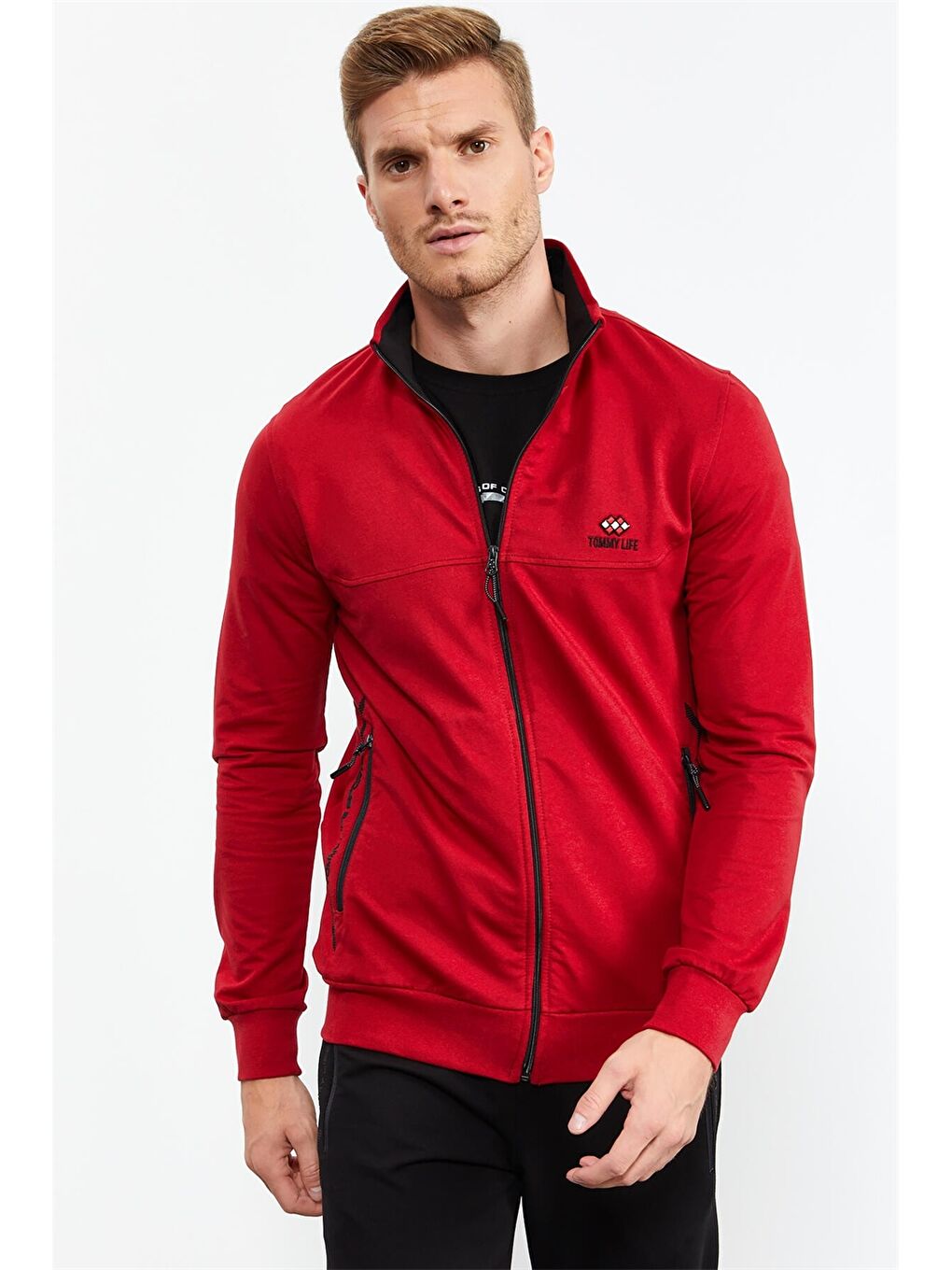 Kırmızı Standart Kalıp Dik Yaka Erkek Eşofman Takımı-1