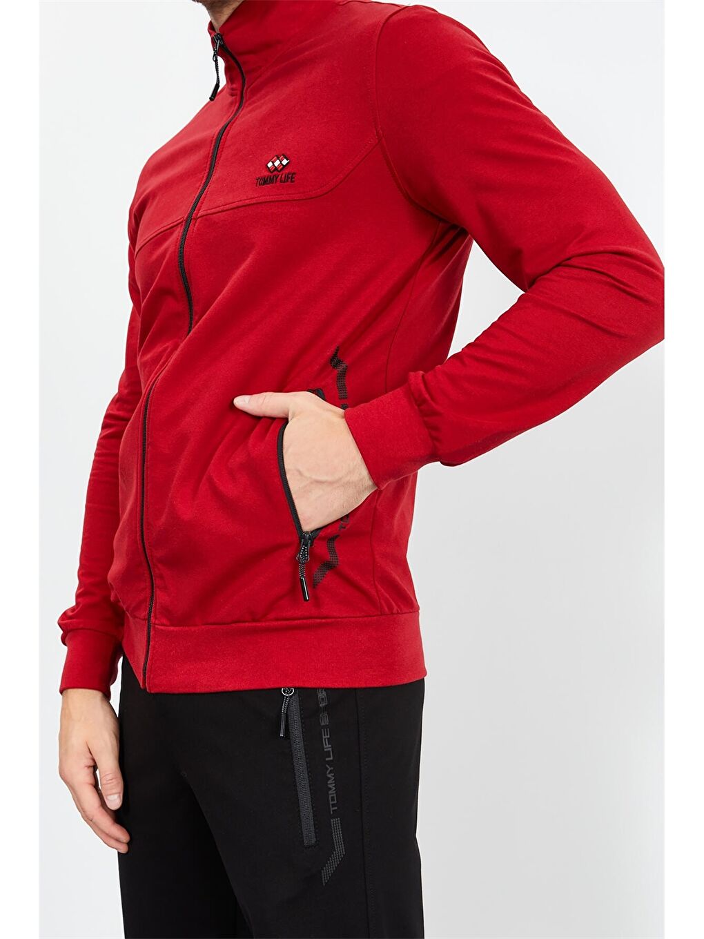 Kırmızı Standart Kalıp Dik Yaka Erkek Eşofman Takımı-7