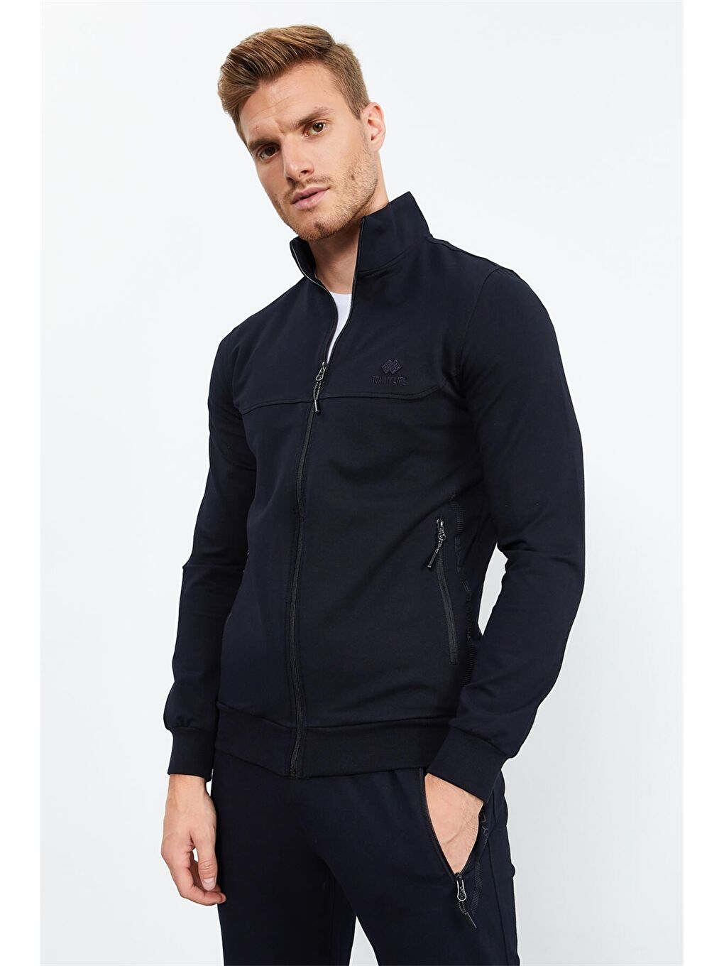 Lacivert Standart Kalıp Dik Yaka Erkek Eşofman Takımı-4