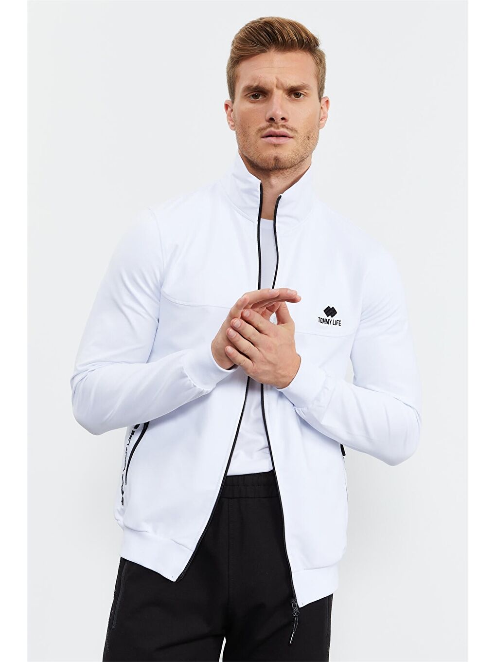 Beyaz Standart Kalıp Dik Yaka Erkek Eşofman Takımı-2