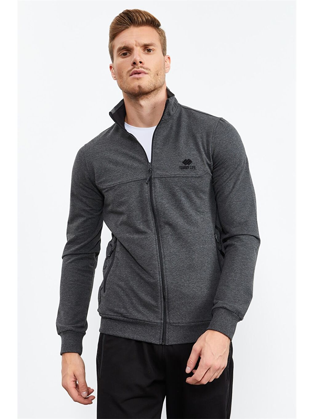 Antrasit Standart Kalıp Dik Yaka Erkek Eşofman Takımı-2