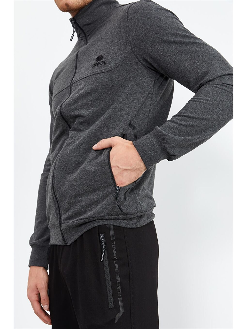 Antrasit Standart Kalıp Dik Yaka Erkek Eşofman Takımı-7